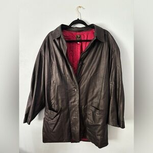 Vintage John F. Firenze Italian Leather Coat Jacket Black w/ Red Silk Lining 46